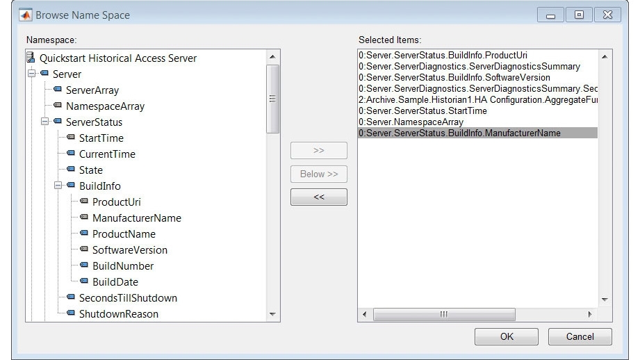 Инструмент Browse Name Space позволяет вам найти узлы OPC UA, доступные на вашем сервере.